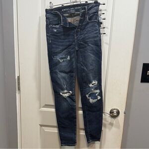 American Eagle Outfitters Women's Dark Blue High Waisted Distressed Skinny Jeans